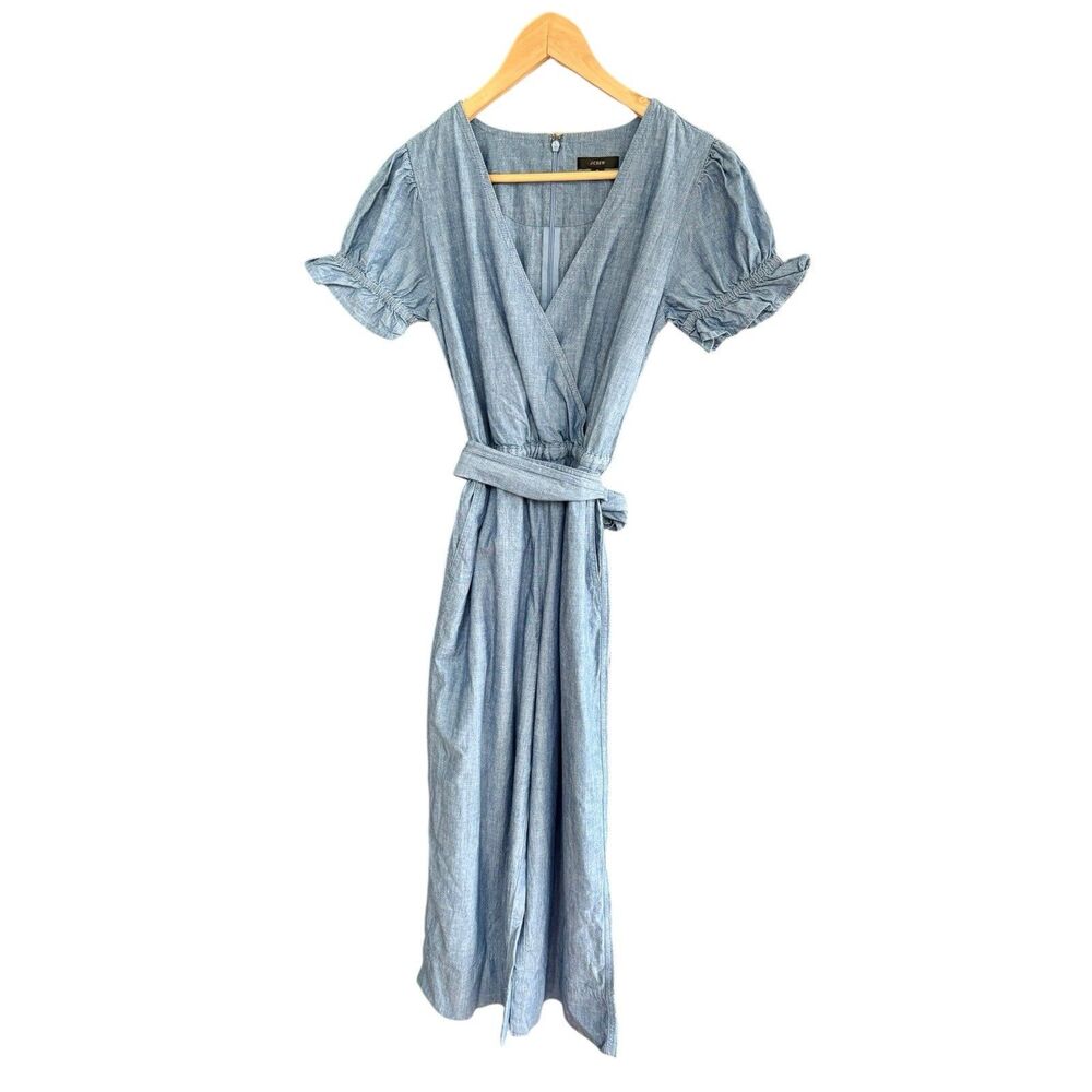 J.Crew Chambray Ruffle Jumpsuit Womens 0 Blue Cotton Wide Leg V-Neck NWT AW335
